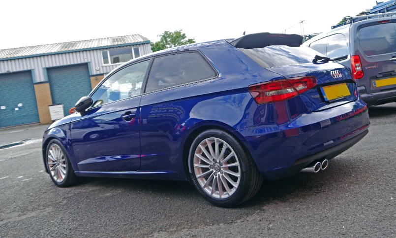 Audi A3 after Protection Valet, shiny exhaust tips.